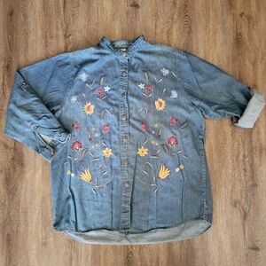 Embroidered Floral Denim Shirt Plus Size #3059